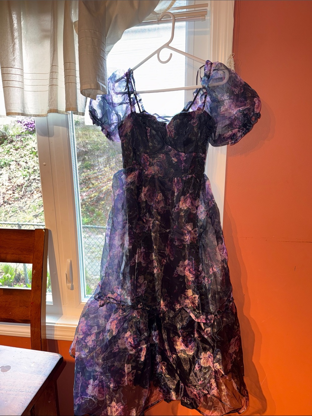 Brand new “In mod” small Floral Puff-Sleeve Sheer Midi Dress in Purple and Black